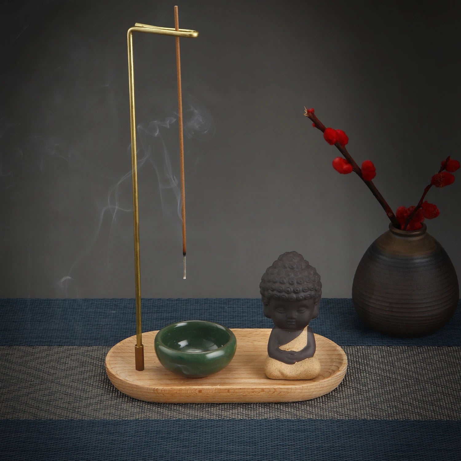 Creative Ceramic Little Monk Incense Burner Set Brass Smoke Backflow Incense Holder with Wooden Incense Tray Ceramic Ash Catcher