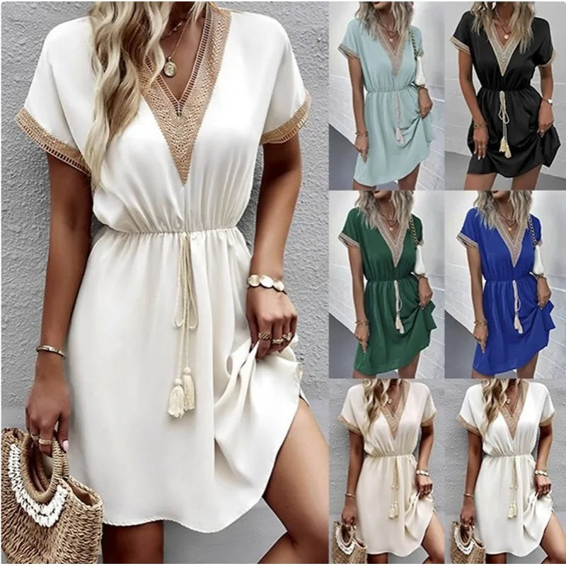 Elegant Women's White Dresses 2023 Summer Solid Short Sleeve Lace V-Neck Waistband Female Beach Midi Dress S-XXXL