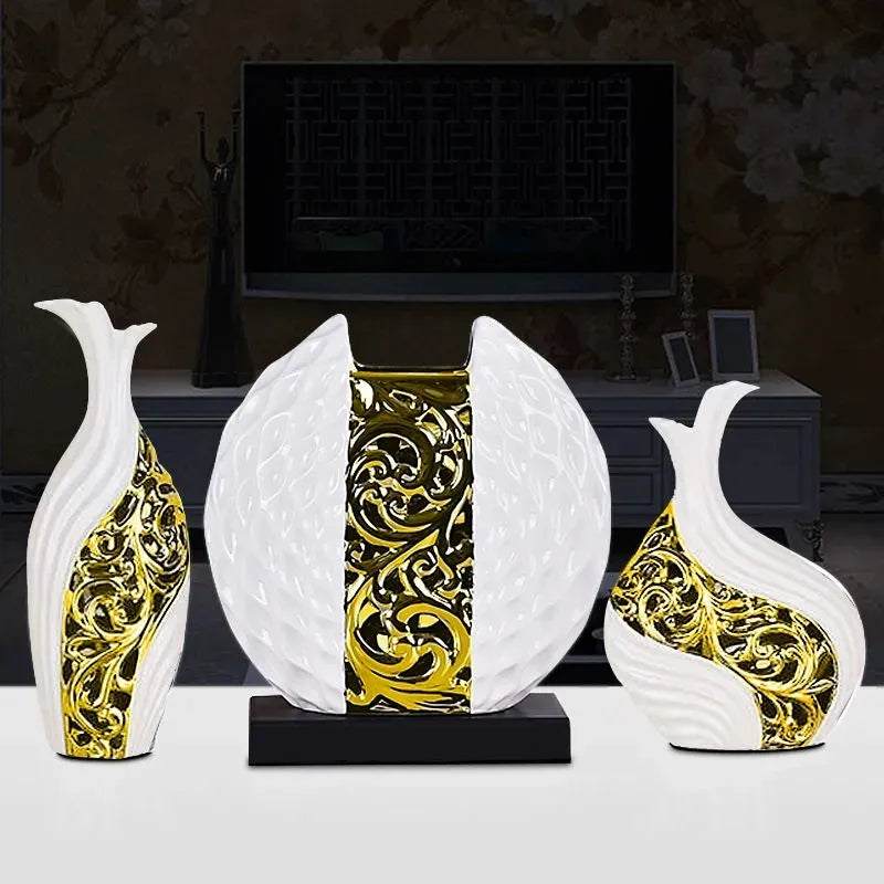 3pcs/conjunto Vaso de porcelana banhado a ouro Vaso Vintage Avançado Vaso de Flor de Cerâmica para Quarto Desenvolto Casa Decoração de Casamento Com Flor