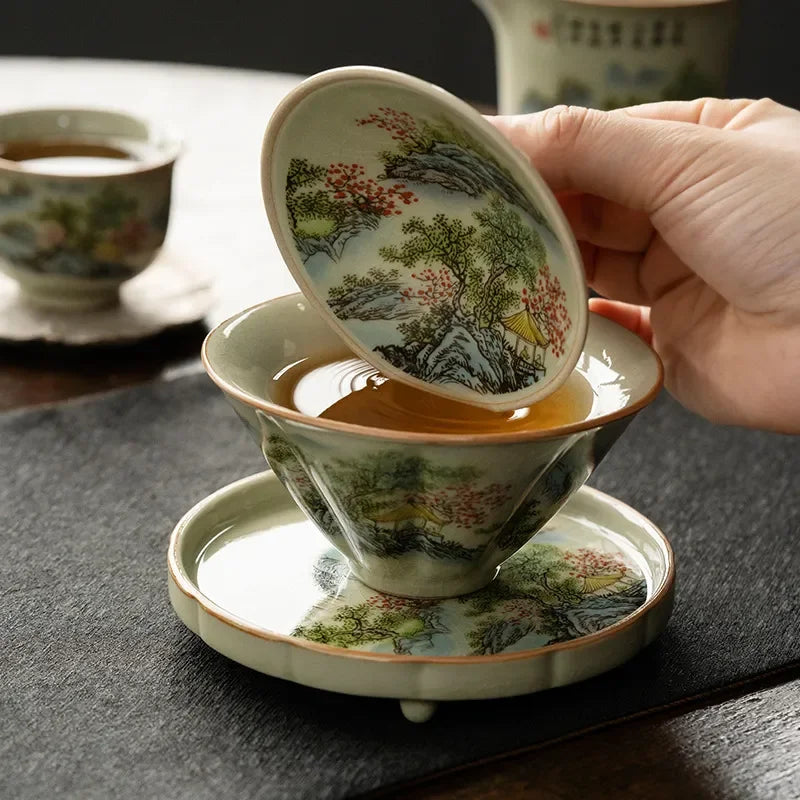 Jingdezhen-Ceramic Tea Cup with Bamboo Hat, Traditional Handmade Tea Ware, Single Bowl, Kung Fu Tea with Lid, Sancai Gaiwan