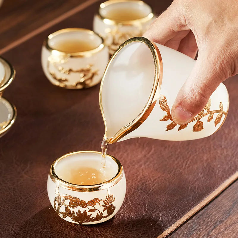 Gold Inlaid Jade Glazed Jade Porcelain Gaiwan Tea Cup Chinese Kung Fu Tea Set Exquisite Luxury Collectible Tea Set Gifts