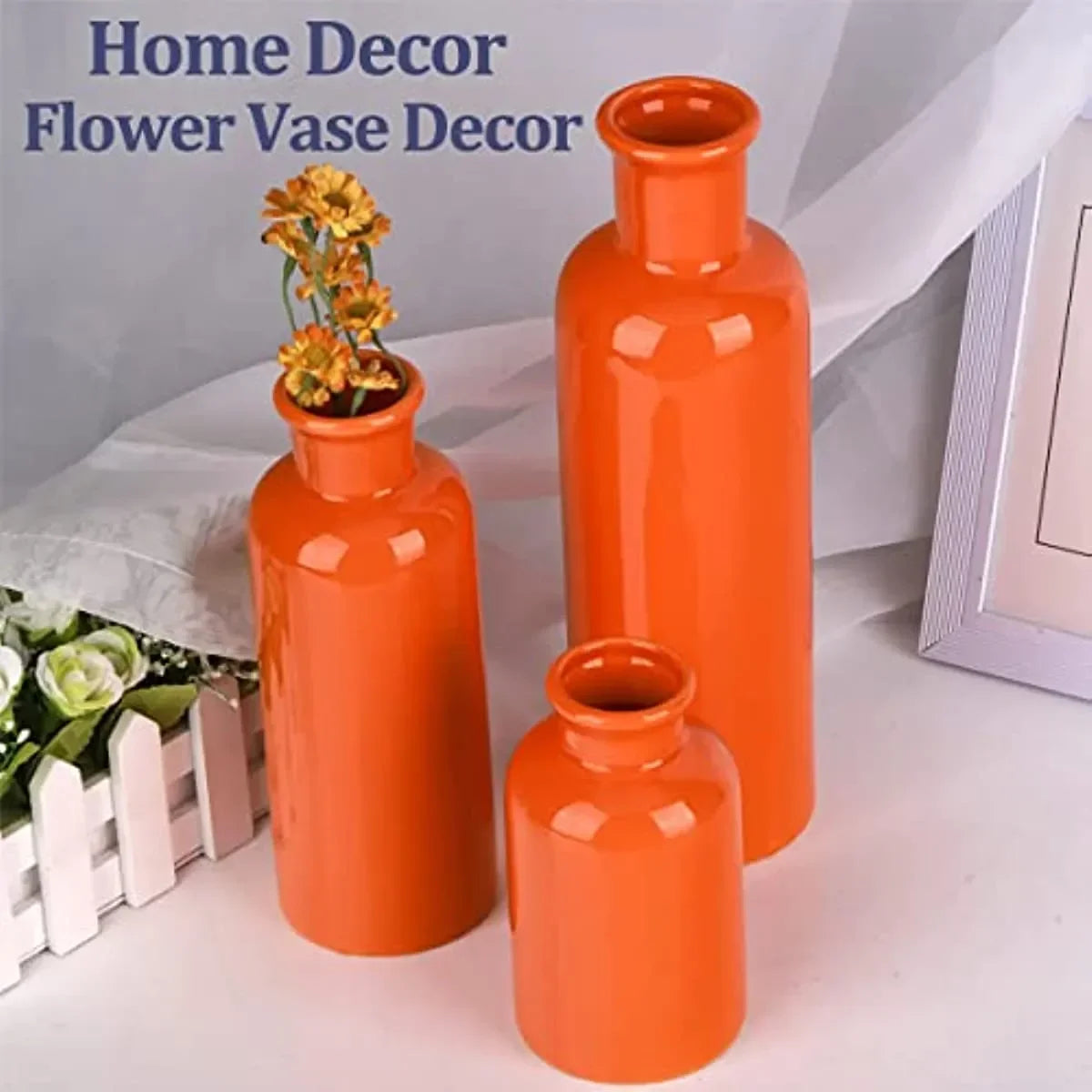 Orange Ceramic Vase Set for 3 Modern Minimalist Decor Boho Vases Farmhouse Home Décor Accents Living Room Centerpieces