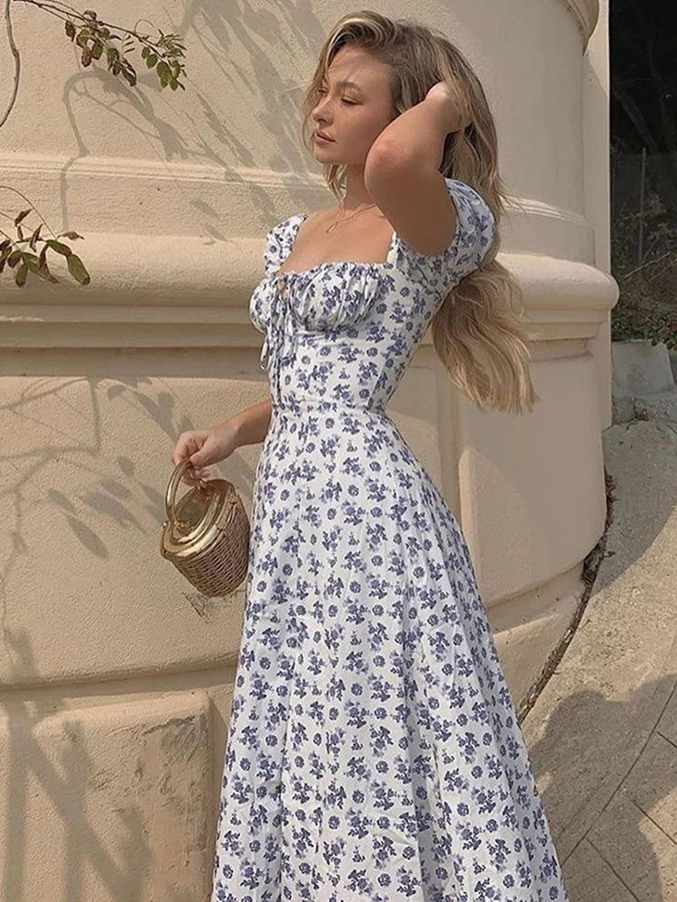 Dress Summer Fashion White Elegant Ladies Backless Clothes Puff Sleeve Floral Print Slit Long Dresses For Women New Arrival 2023