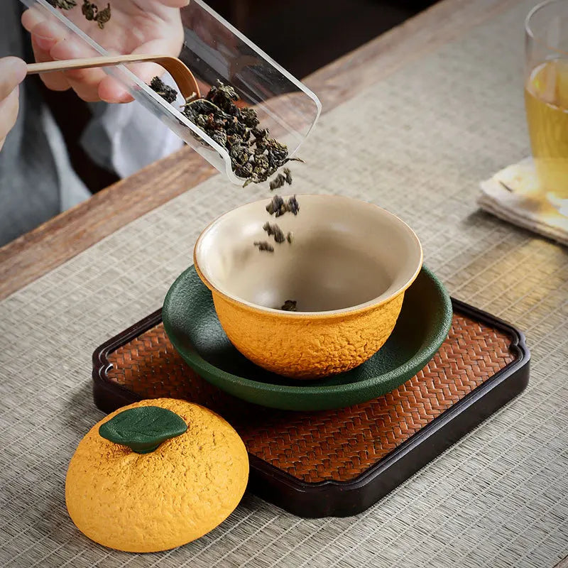 Chinese Sancai Gaiwan Handmade Pottery Tea Cup Bowl Creative Orange Shape Tea Tureen voor thuisgebruik keramische gepigmenteerde theeware set