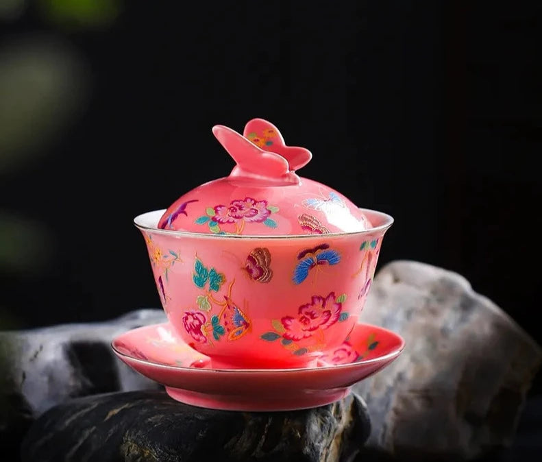 170 ml naisten asetettu vaaleanpunainen perhonen emalivärinen keraaminen Gaiwan Tea Brewing Cup Tea Teen Tea Maker Cover Bowl CHA -koriste