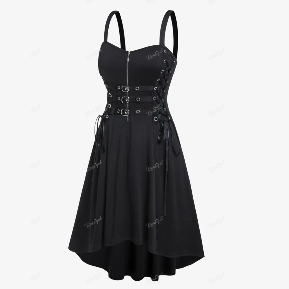 ROSEGAL Plus Size Gothic Buckled Lace Up Midi Dress High Waist Sweetheart Neck Asymmetrical Half Zip Sleeveless Party Punk Dress