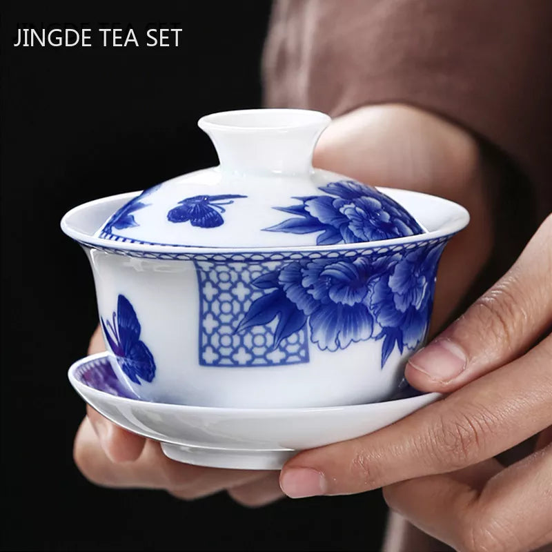 Jingdezhen Beyaz Porselen Gaiwan Çay Kupası Mavi ve Beyaz Porselen Çay Makinesi Seramik El Zembeli Çay Kasesi Çay Seti Malzemeleri