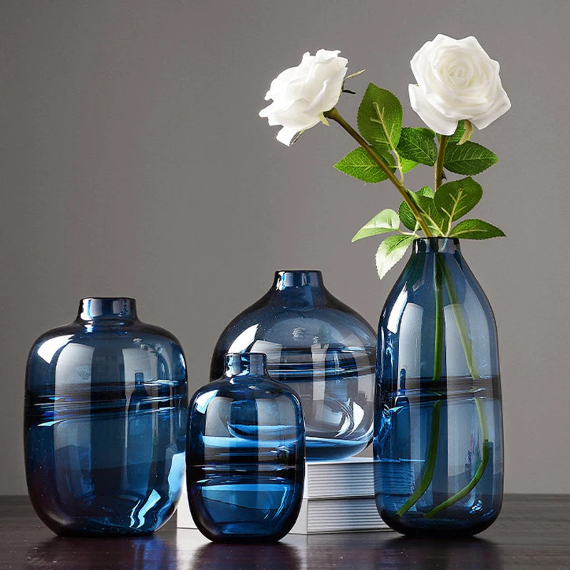 Vaso de vidro artesanato criativo azul hidropônico seco arranjo de flores conjunto de vasos de ornamento domínio de decoração
