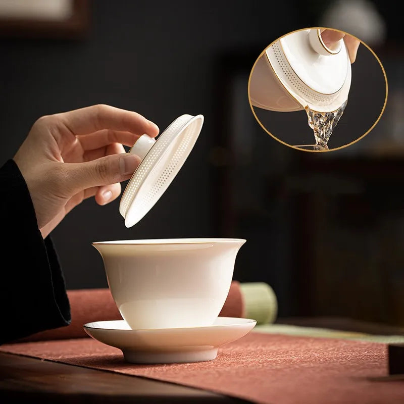 High-end White Porcelain Tea Tureen Ceramic Tea Set Kung Fu Tea Cup Thin Tires Bubble Tea Device Gaiwan Tea Cup Teabowl