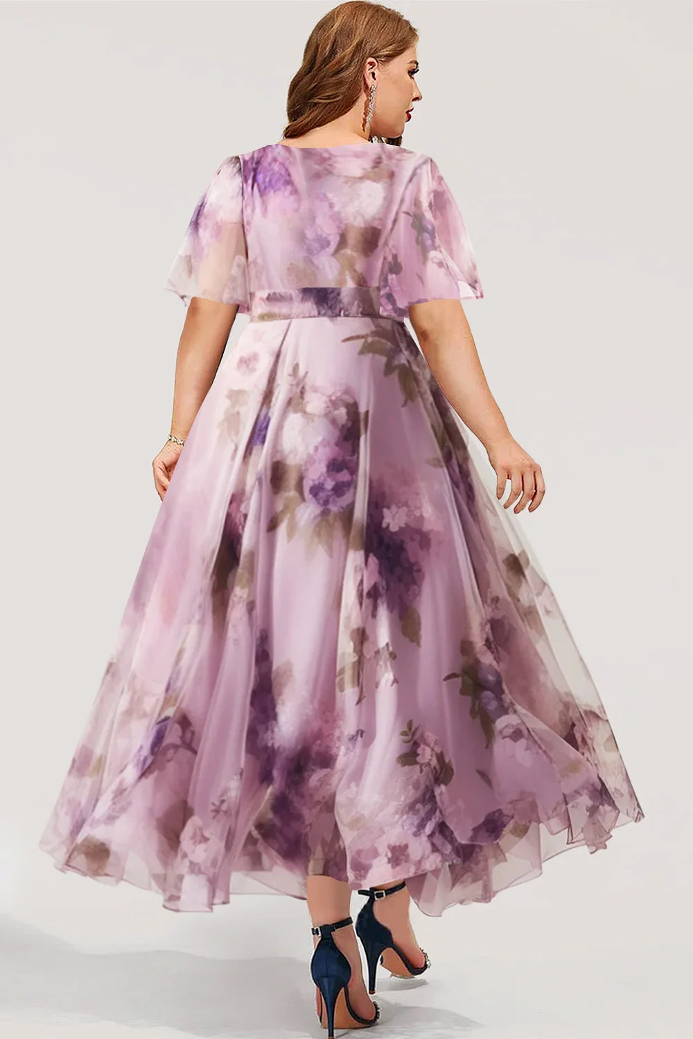 Plus Size Wedding Guest Purple Organza Floral Print Empire Waist Tunic Maxi Dress Short Sleeve V-Neck Elegant Casual Long Sress