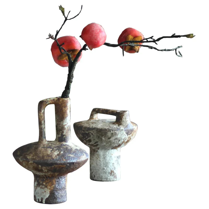 Vas Jingdezhen-Keramik, tembikar kasar, rangkaian bunga, buatan tangan vintage, gaya Wabi-Sabi, bunga kering, pengaturan zen