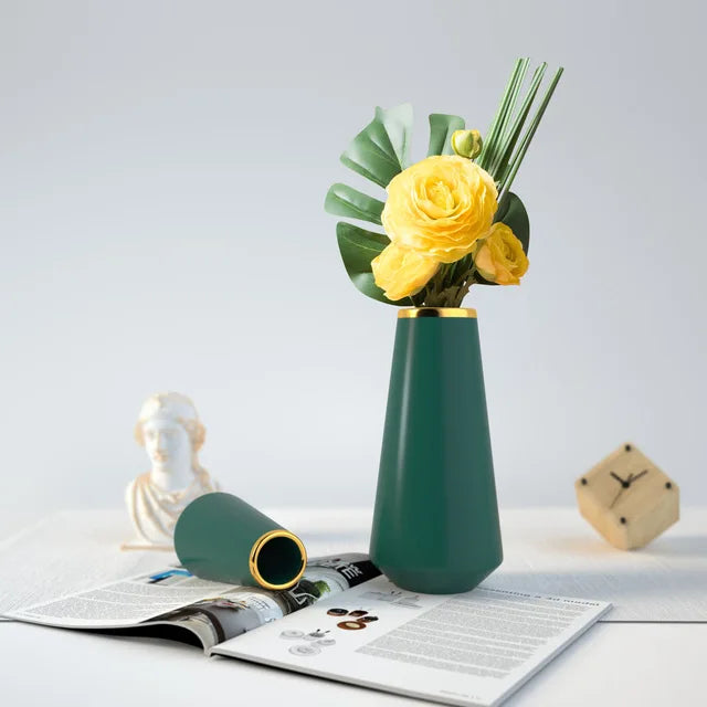 현대 다크 그린 골드 세라믹 꽃병+인공 꽃 세트 홈 식탁 장식 장식 공예 책장 클럽 가구 장식 장식