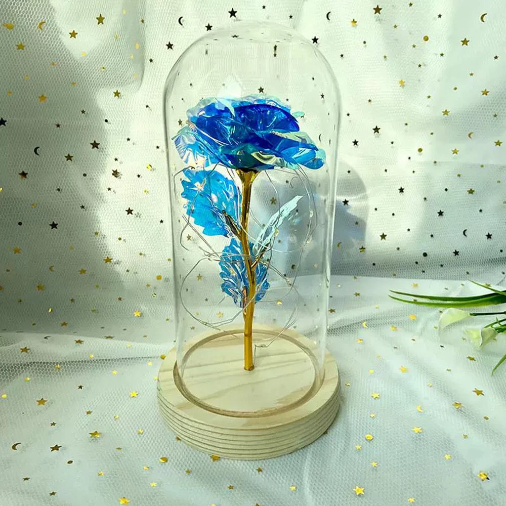 غطاء زجاجي من الزهور الاصطناعية للورد الأبدي مزخرف بإضاءة LED زهرة من رقائق معدنية في غطاء زجاجي هدية للأم في عيد الحب والزفاف