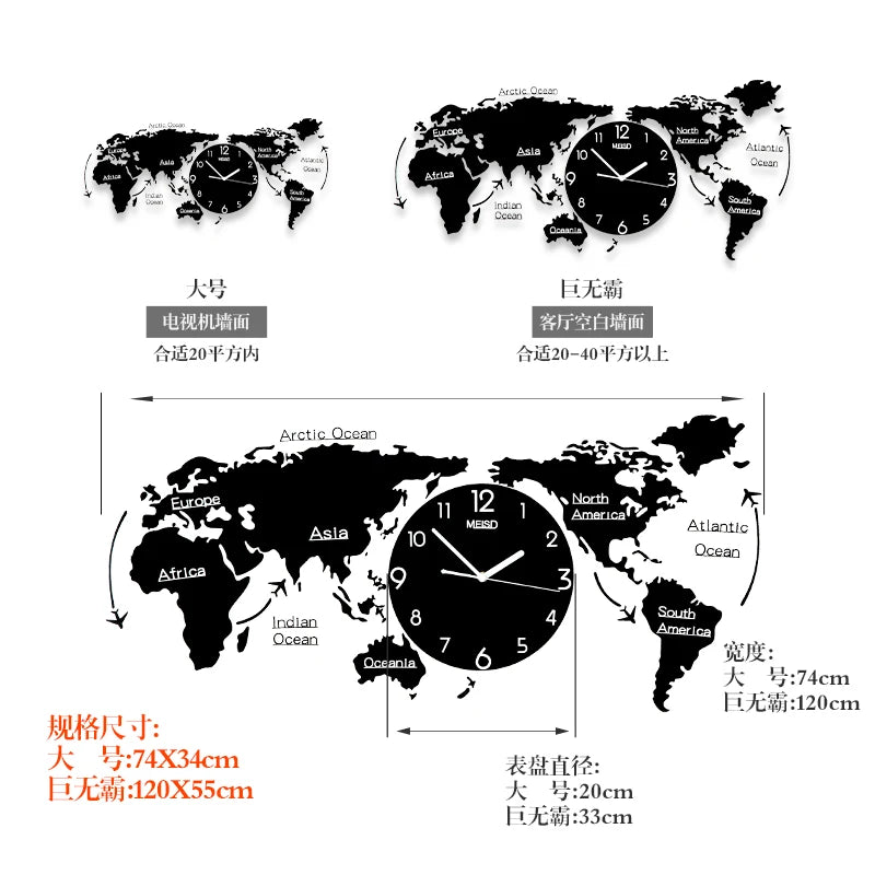 Mapas criativas do mundo grande relógio de parede de parede moderno acrílico 3D Relógios Decoração de casa Decoração da casa Mecanismo de relógio de parede silencioso saat fz592