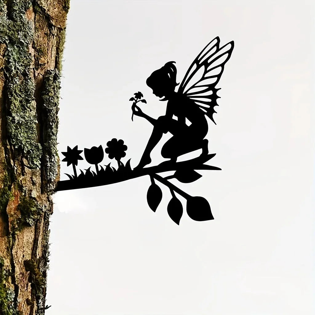 Metal Wall Art, Picking Flowers Fairy On Branch Steel Silhouette, Home Garden Yard Patio Outdoor Statue Stake Decoration Perfect