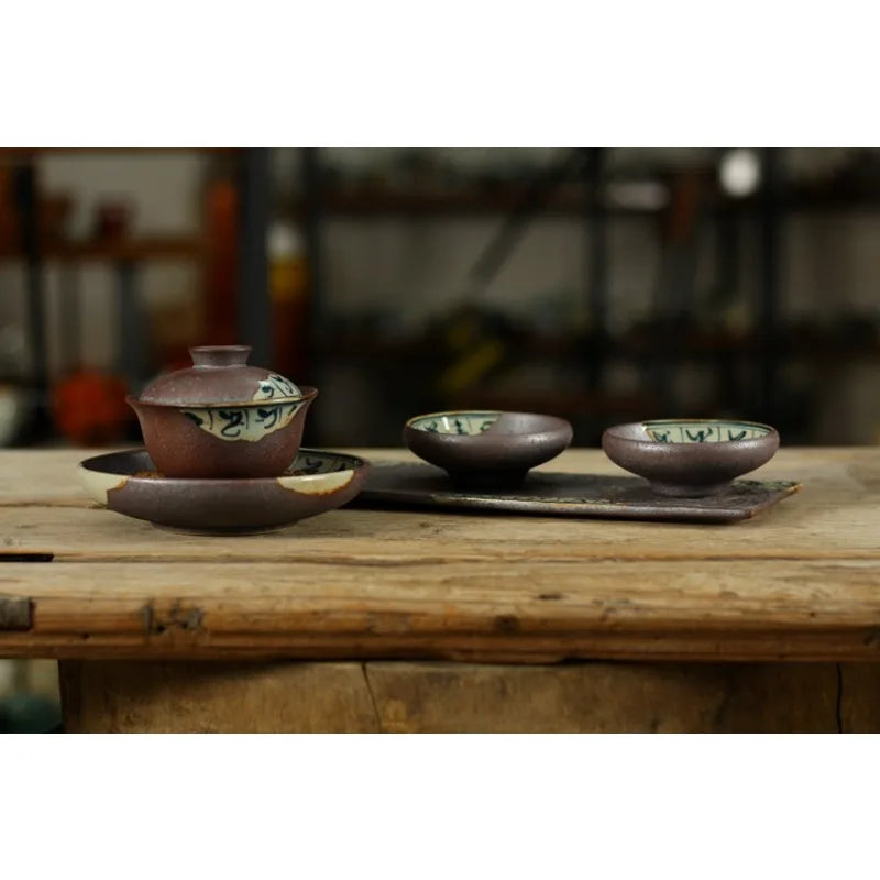 120ml Antique Gaiwan For Tea  Pottery Tureen With Lid Word Teaware Kung Fu Tea Ceremony Set Coffee Cups Bowls Vintage Chawan