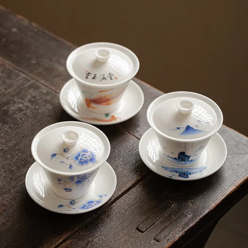 Teh seramik yang elegan tureen cina gaiwan ditetapkan dengan piring dan penapis teh tradisional untuk cawan teh upacara teh kung fu
