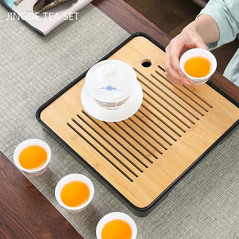 Bambus te bakke husholdning te sæt tilbehør lille te bræt vand opbevaring og dræning våd og tøranvendt bakke teawewe dekorativt