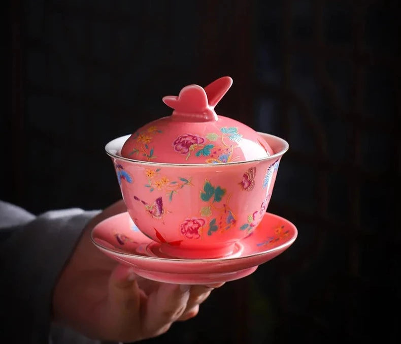 170ml feminino feminino definido rosa borboleta esmalte de cerâmica gaiwan chá xícara xícara de chá de chá de chá capa tigela