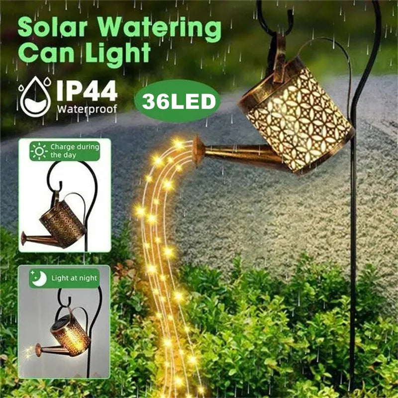 Lámpara de ducha de estrella de hierro forjado hueco lata de agua solar puede decoración de jardín de hadas ducha y decoraciones de patio de césped de luz