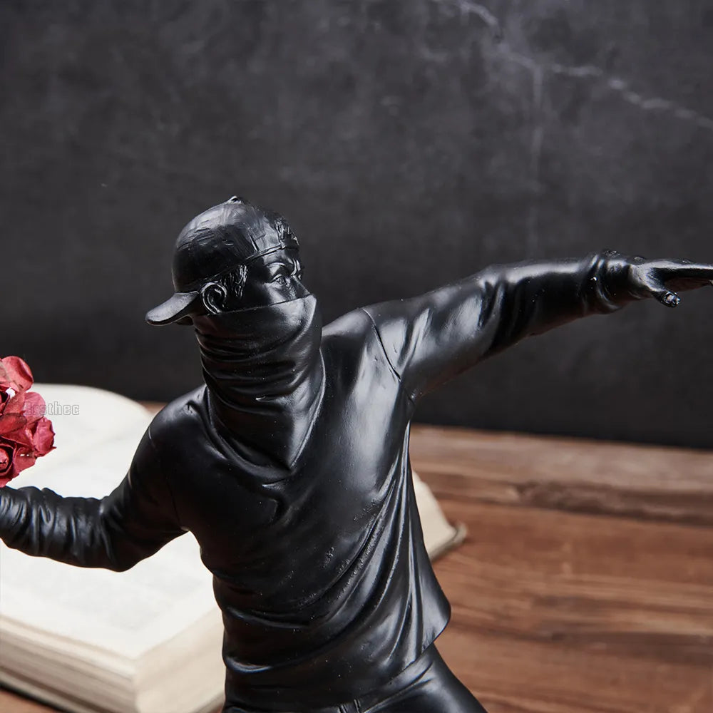 Resin Banksy Sculptures - Flower Thrower & Desk Bomber for Luxury Living Room and