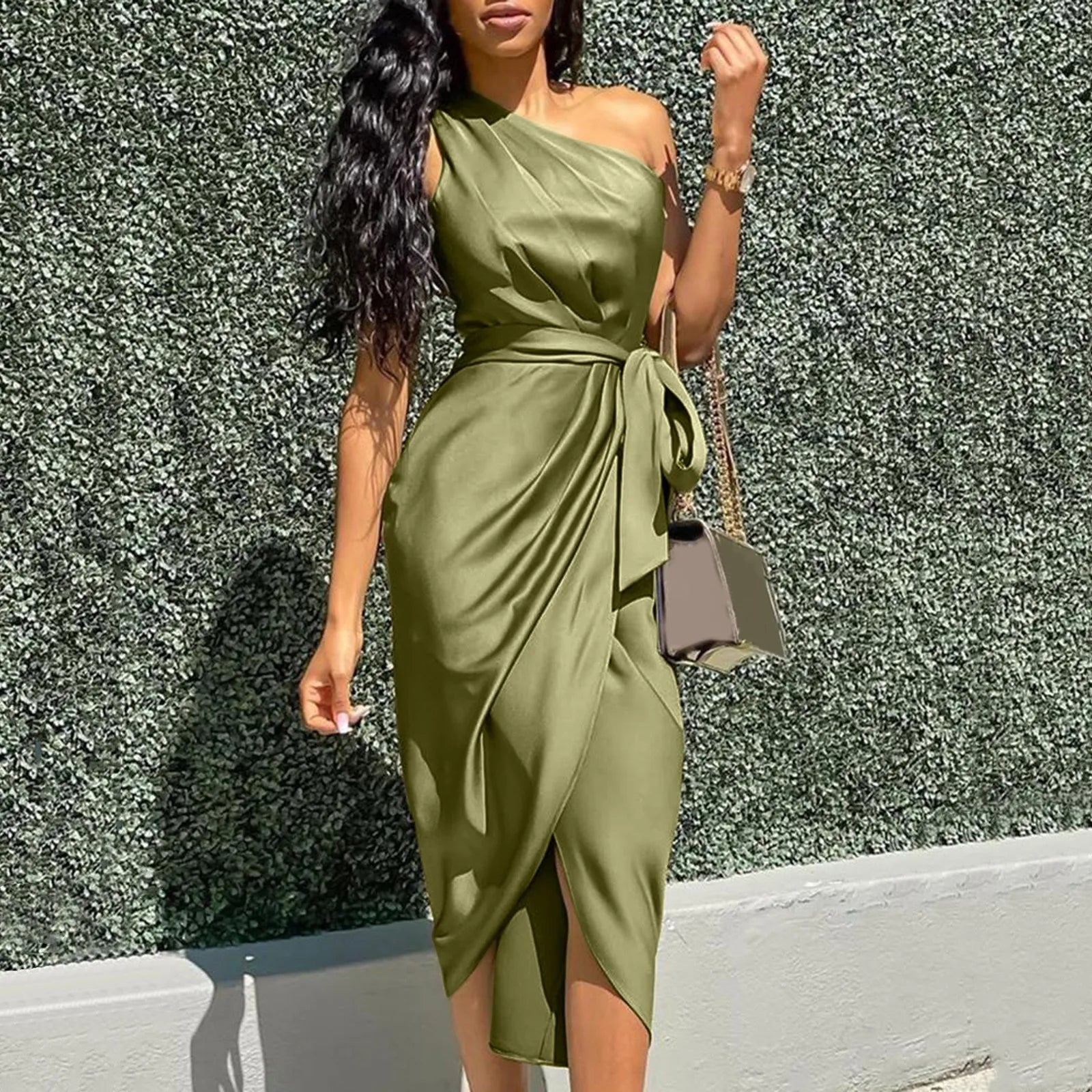 Summer Dresses Women Green Sexy One Shoulder Satin Asymmetrical Ruched Midi Evening Party Prom Dress Gown Bandage Plus Size Robe
