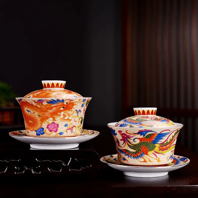 240ml Retro Dragon Phoenix Ceramic Gaiwan Teacup Handmade Tea Tureen Bowl Chinese Porcelain Teaware Drinkware Personal Cup Gift