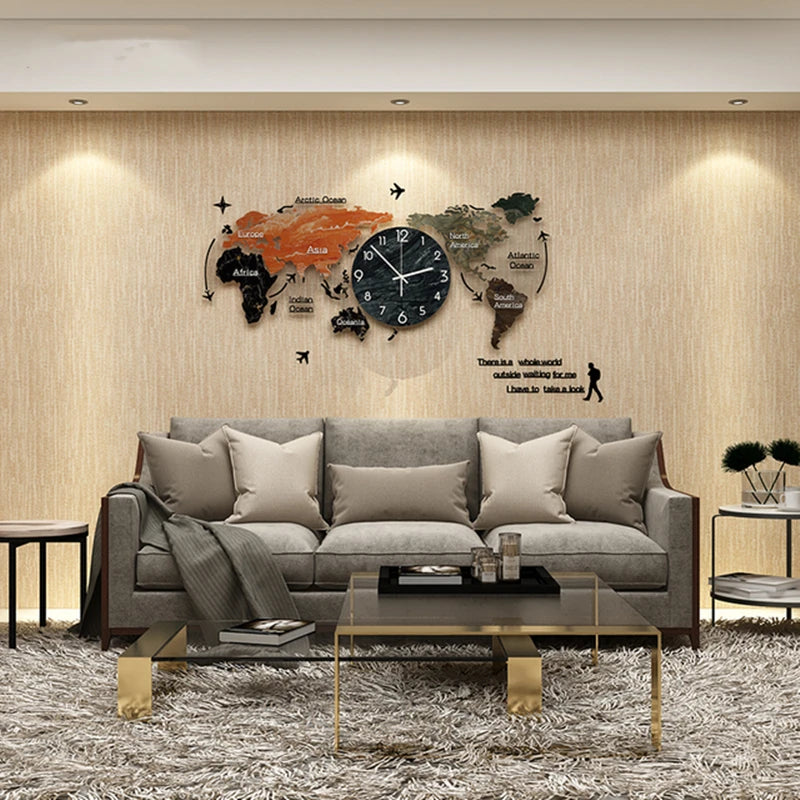 세계지도 벽 시계 북유럽 현대 미니멀리스트 장식 아크릴 홈 침실 사무실 펀치 프리 벽 시계 DIY 스티커