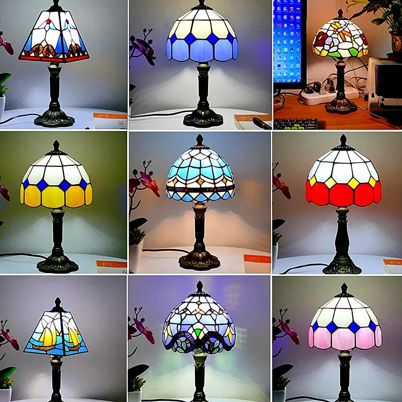 Nostalgisk stil av europeiska och amerikanska färgglada glas Tiffany bordslampor för restaurangbar café sovrum sänglyssljus