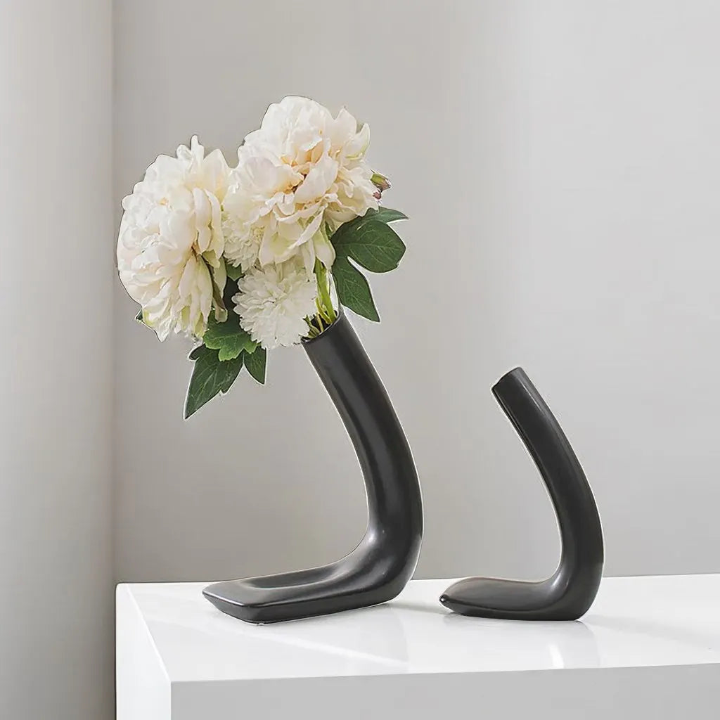 Capiron Set von 2 l Form Keramik Vase Home Design Ästhetik Schwarz Beige Tabletop Veranda Wohnzimmer Ecke Dekoration Accessorie Accessorie