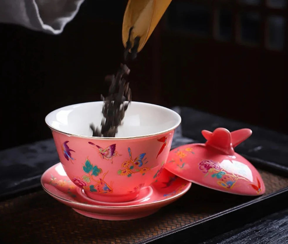 170ml feminino feminino definido rosa borboleta esmalte de cerâmica gaiwan chá xícara xícara de chá de chá de chá capa tigela