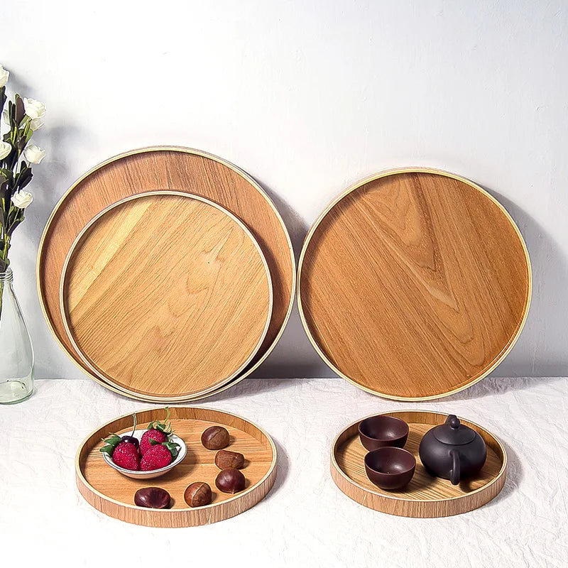 Japanese Style Round Tray Food Serving Plate Wood Snack Deseert Plate Teaboard Natural Tea Food Server Dishes Drink Platter WF