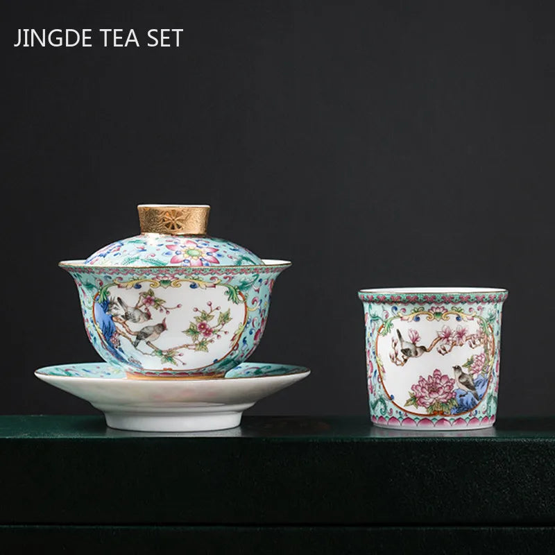 Jingdezhen Emaye Renk Seramik Gaiwan Çin Çay Seti Sancai Çay Kase Taşınabilir Kapak Çay Fincanı Evi Özel Çayware