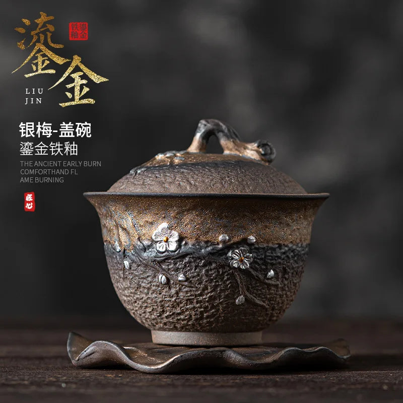Japanese Sancai Tea Tureen with Retro Design and Handcrafted Coarse Pottery Gaiwan Tea Cup Bowl Ceramic Teaware Set