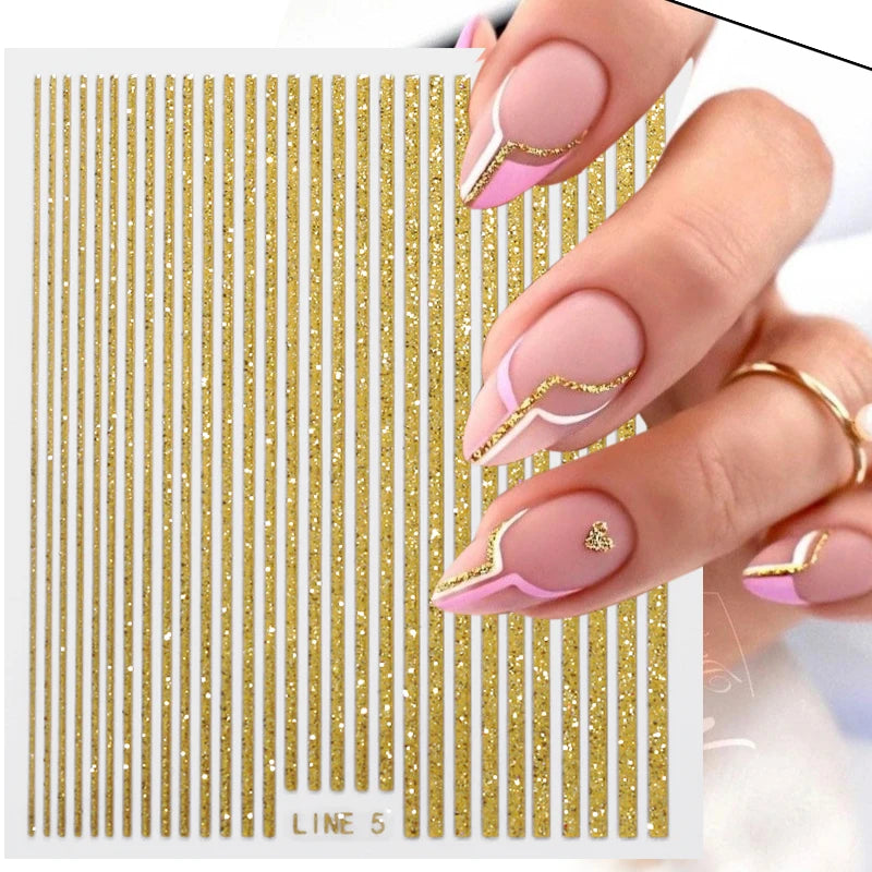 3D Lines Nail Stickers  Silver Rose Gold Metal Stripe Letters Decals Curve Gel Nails Art Sliders Manicure Decor