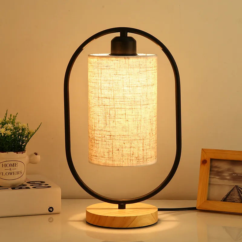 Table Lamp Bedroom Bedside Personality Retro Fabric Warm Solid Wood Dimming Small Night Lamp