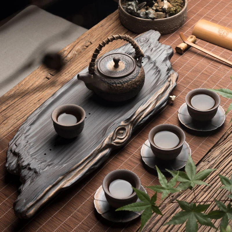 Ceramic Vintage Tea Cup Tray Large Drainage Water Storage Antique Ceramic Tea Tray Creatively Old Imitation Wood Tea Tray