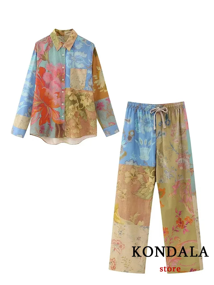 KONDALA Vintage Tie Dye Print Women Suit Single Breasted Blouse Straight Long Loose Pants New Fashion 2023 Summer Boho Sets