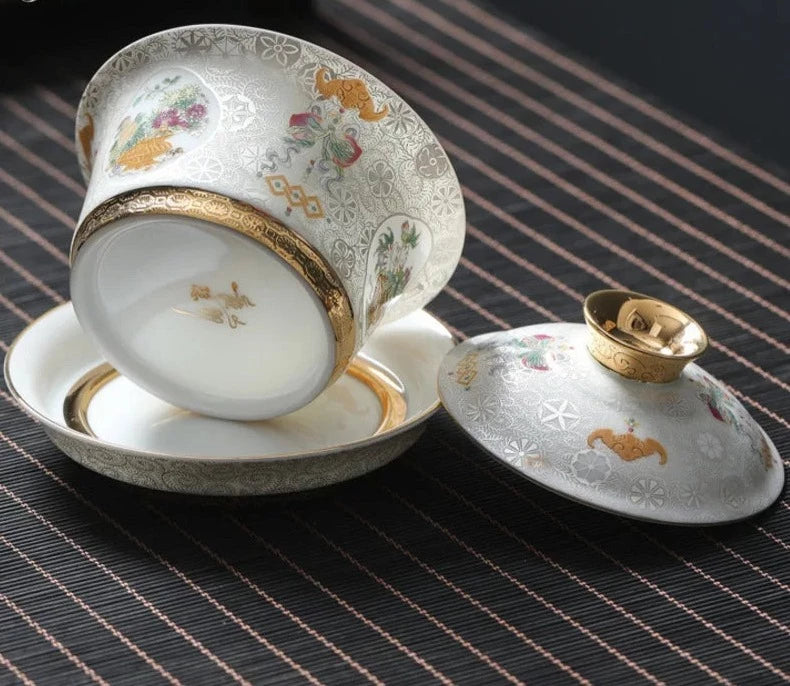 Handgjord guldpalace emaljfärgad gaiwan estetisk keramisk skål med lock te tureen te maker cover skål teaset samling