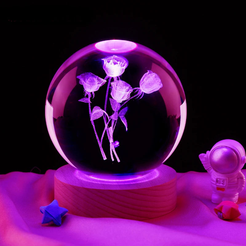 3D Rose Crystal Ball Color Night Light, Aniversário Namorada colega esposa Filhos de Natal do dia do dia dos namorados
