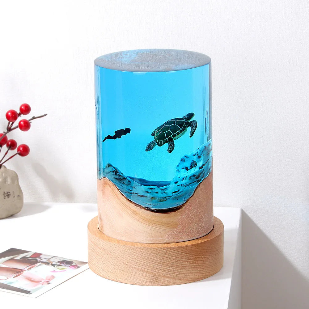 Home Decoration Marine Turtle Whale Shark Diver Desktop Decoration Cylinder Solid Wood Resin Night Light