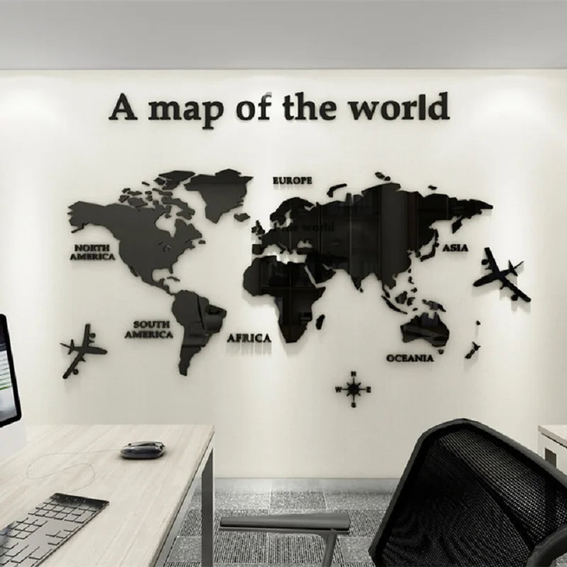 Nordic Style 3D Mapa mundial Adesivo de parede acrílica parede de quarto de cor sólida com adesivos de sala de aula de sala de estar decoração de escritório