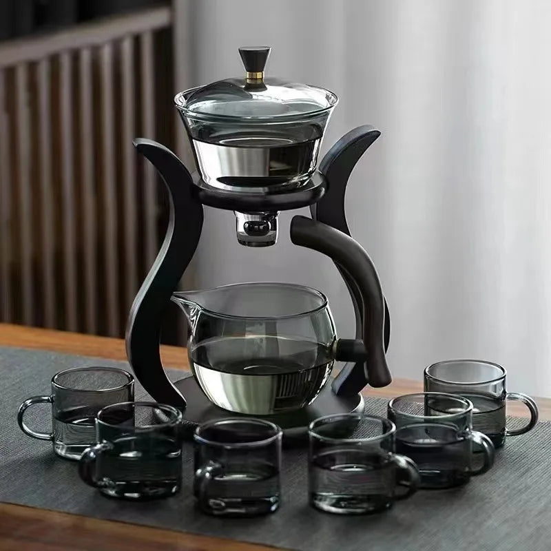 Warmte-resistente glazen thee-set magnetisch water afleiding roterende deksel automatische theemaker luie kungfu theepot drinken