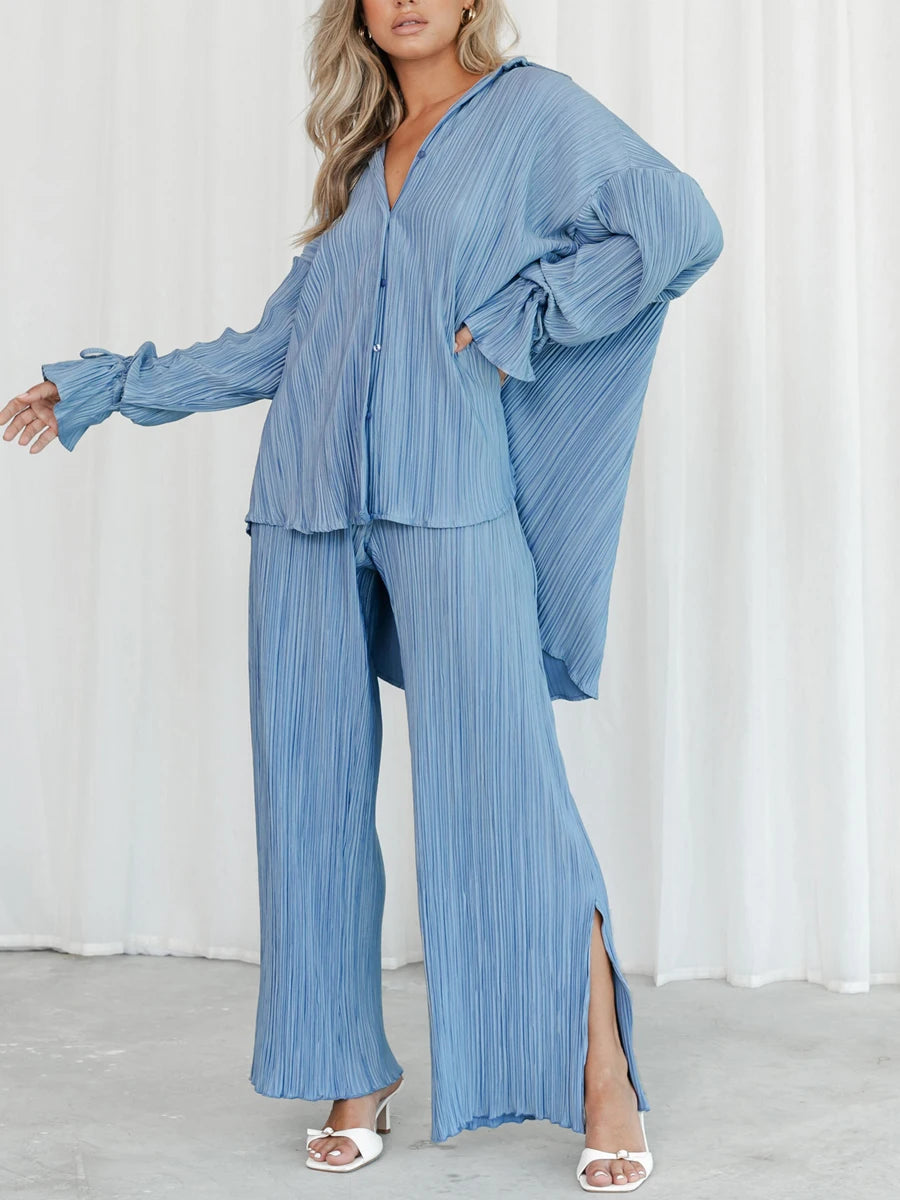 wsevypo Women Two-piece Pleated Pants Suits Casual Chic Solid Color Long Sleeve Button down Shirts and Straight Leg Trousers Set