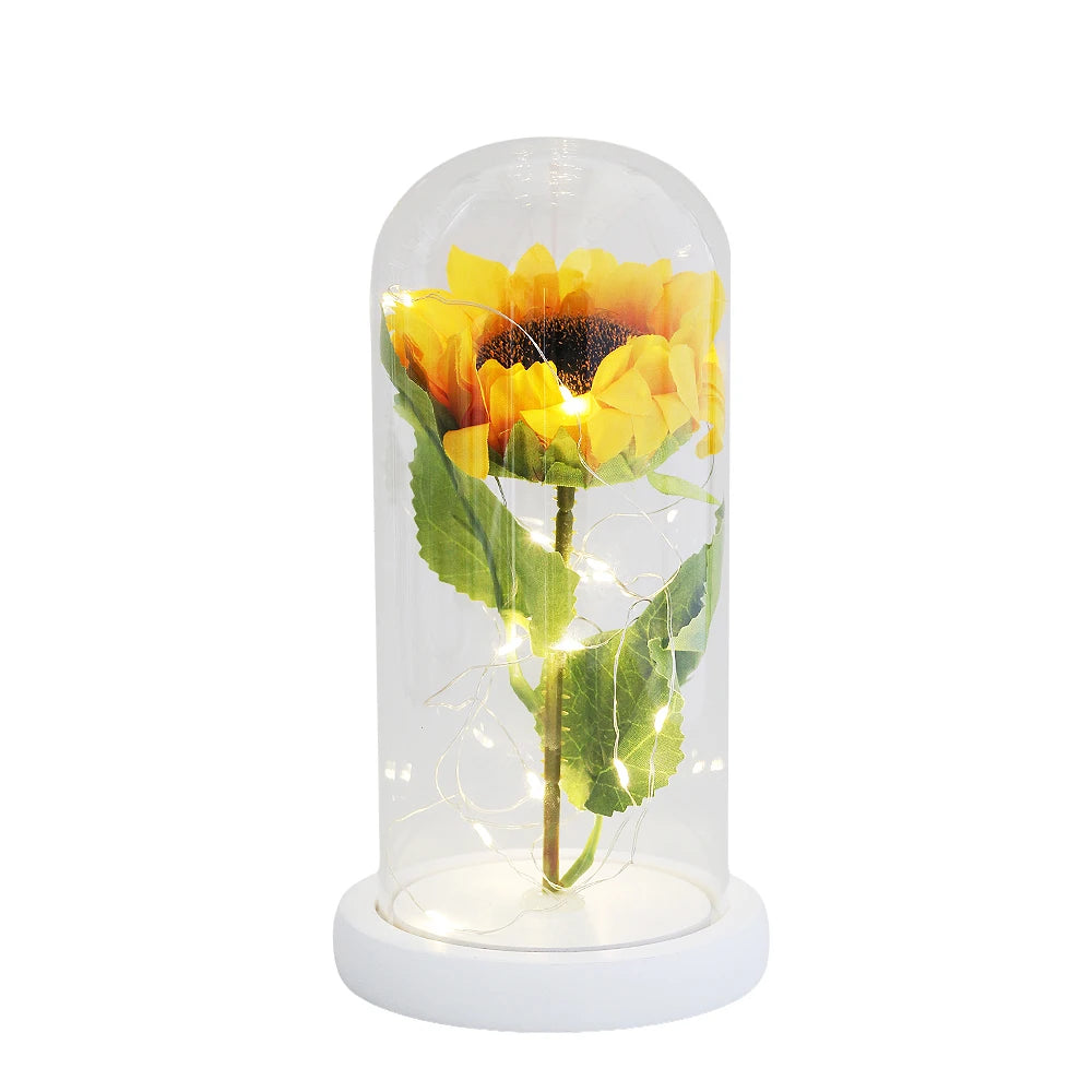 Kunstig udødelig blomst skønheden og dyret Sunflower Glass Dome Mors dag julegave til bryllupsindretning