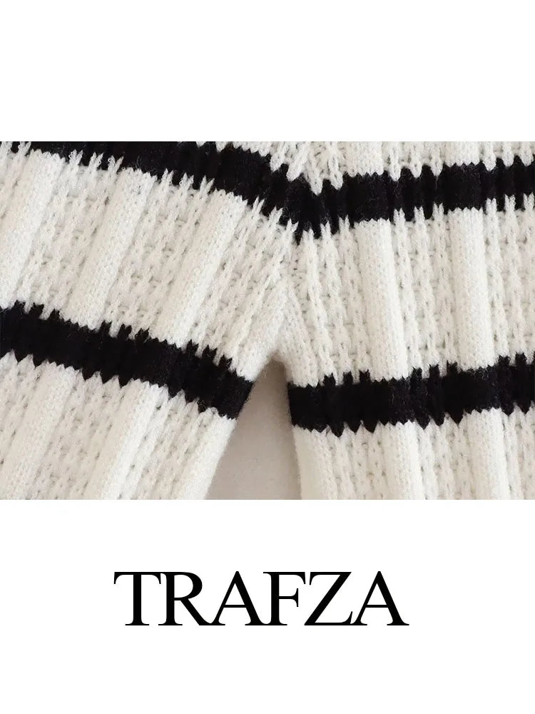 TRAFZA Summer Suits Woman Black And White Striped V-Neck Lace-Up Tops+Knitted High Waist Wide Leg Pants Female 2 Pieces Sets