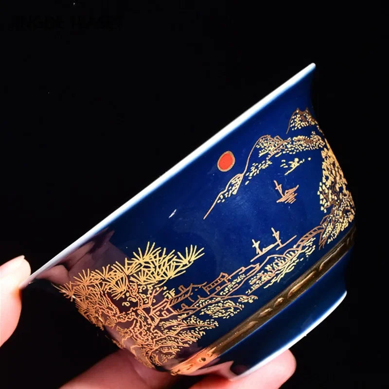 Lussuoso ceramico in ceramica ceramica tè tè fatta a mano ciotola tè di tè cinese blu e bianchi accessori per le cariche in porcellana blu bevande 150ml 150ml