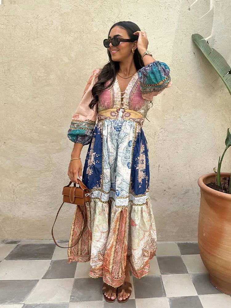 Vintage Printed Patchwork Maxi Dresses Women Causal Loose V Neck Long Lantern Sleeve Long Dress Chic Female Vacation Beach Robes