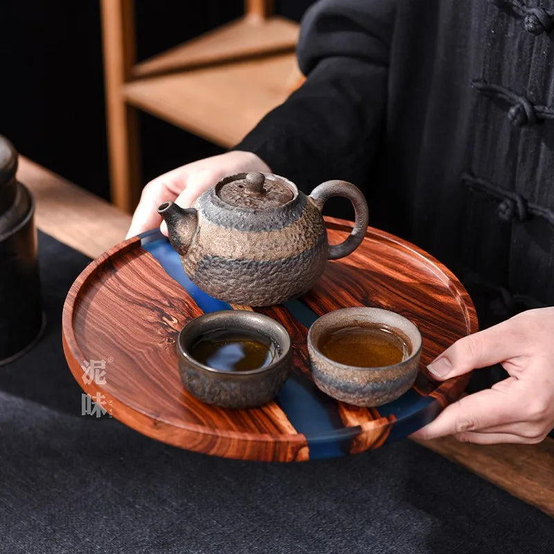 Baki Teh Kayu Tingkat Tinggi Epoksi Resin Retro Teh Rumah Tangga Baki Gelembung Kering Kecil Baki Camilan Solid Wood Tea Tray