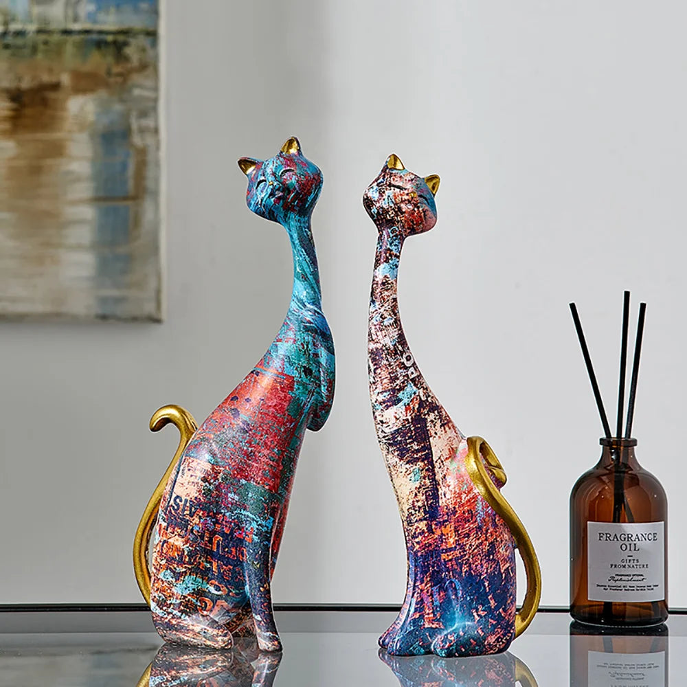 European Style 2pcs Oil Painting Cat Statues Animal Modern Sculpture Room Decoration Accessories Sculptures for Home Design Gift